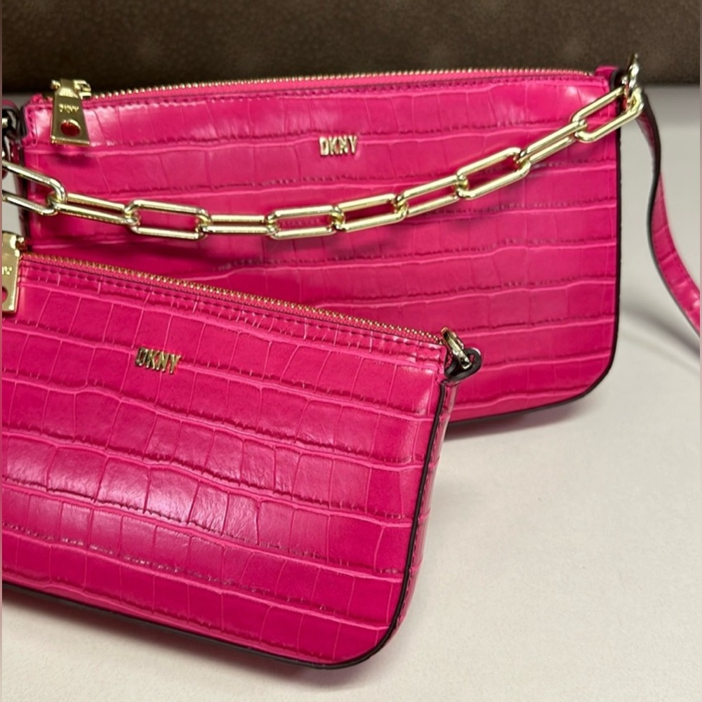 DKNY Double Crossbody Hot Pink Chain Bag Set of 2 Bags AUTHENTIC NEW - Picture 8 of 14
